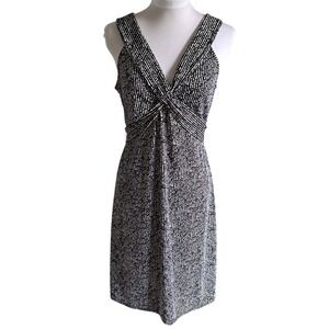 Loft Ann Taylor Sleeveless Dress, Size 8, Black & White Pattern Deep V, Tie Belt